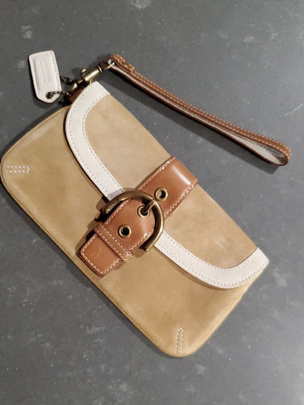 Coach Suede & Leather Wristlet Clutch in Tan, Cream and Brown